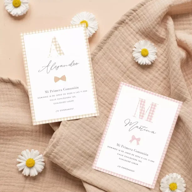 Invitaciones de Comunión o Bautizo. Cuadros Vichy.
