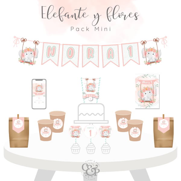 pack de cumpleaños temática Elefante y Flores, Mini